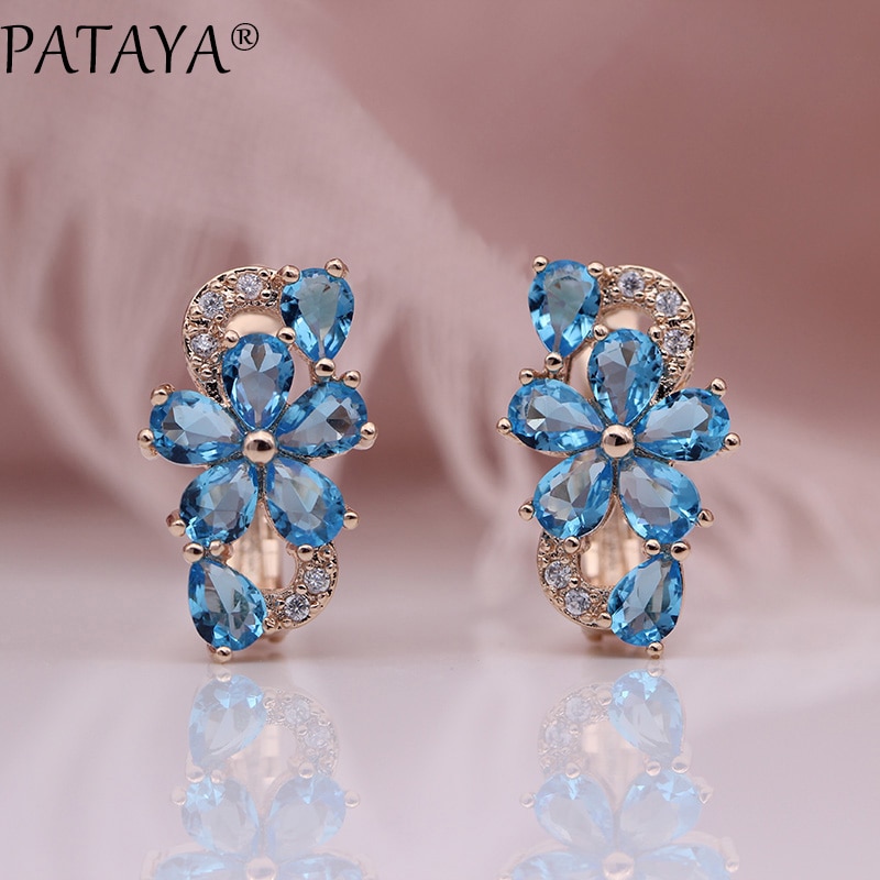 PATAYA Water Pruimenbloesem Dangle Oorbellen Vrouwen Mode Trendy Sieraden 585 Rose Goud Bloemblaadje Natuurlijke Zirkoon Blauw Oorbellen