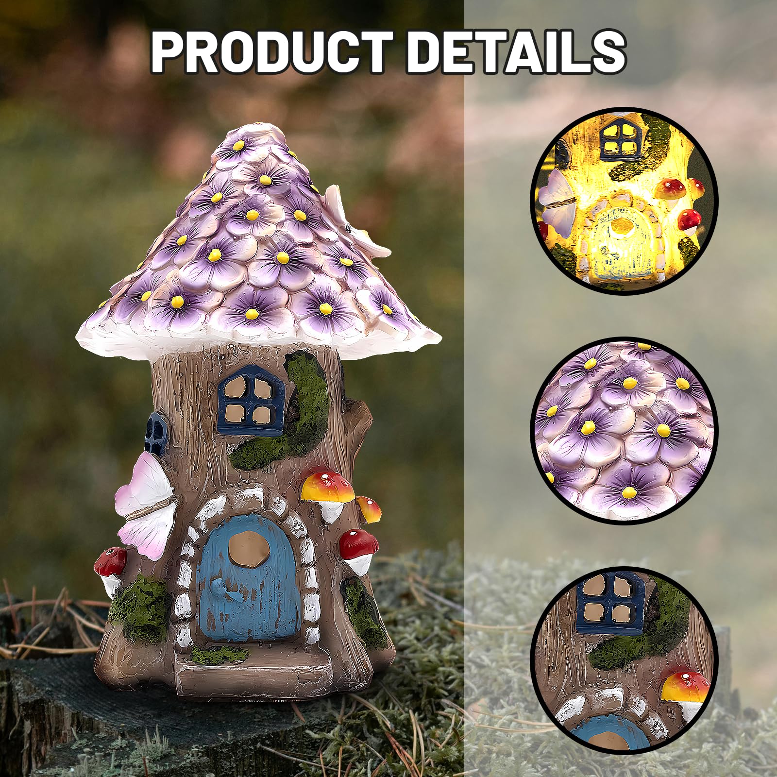 Estatua solar al aire libre de la casa del jardín de hadas, figuras de setas iluminadas, decoraciones de césped para patio, hadas para casa en miniatura