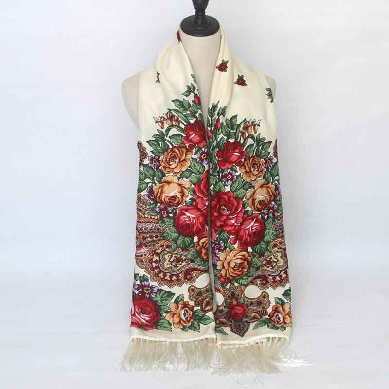 Foulard Long Femme à Franges - Imprimé Floral - Mélange Coton - Plus de 175cm: Beige