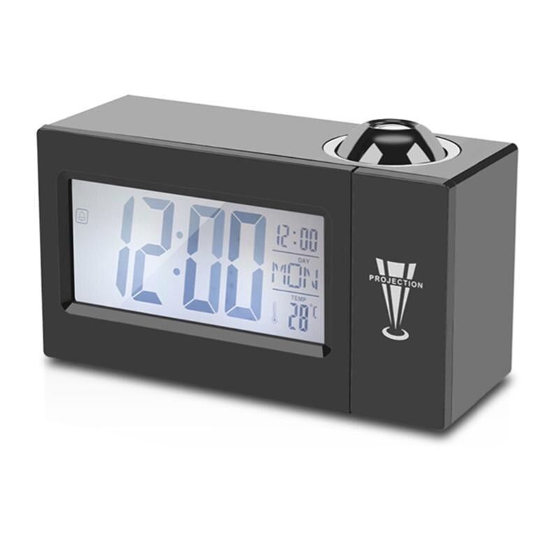 Lcd Screen Digital Led Projection Alarm Clock Calendar Temperature Humidity Wake Up Snooze Function Table Desk Clock Night Lig: Black