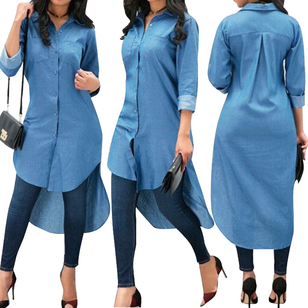 Nova moda feminina denim camisa azul manga longa blusa solta senhora casual jean blusa camisas verão outono camisa longa