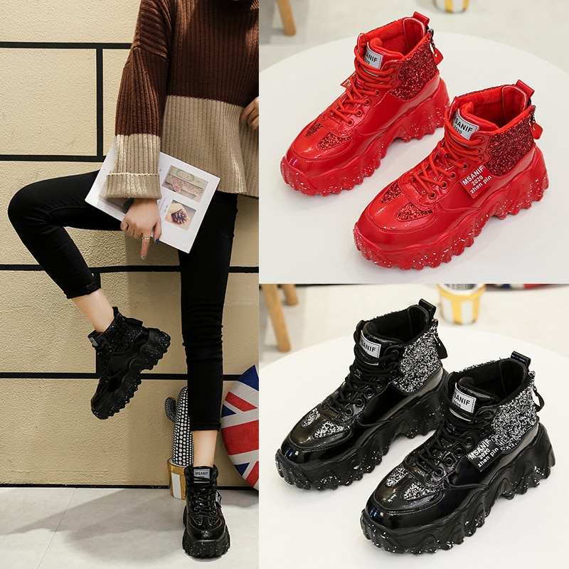 Baskets en tissu pailleté pour femmes, montantes rouges, chaussures de loisirs respirantes à semelle épaisse, printemps , chaussures à semelles compensées