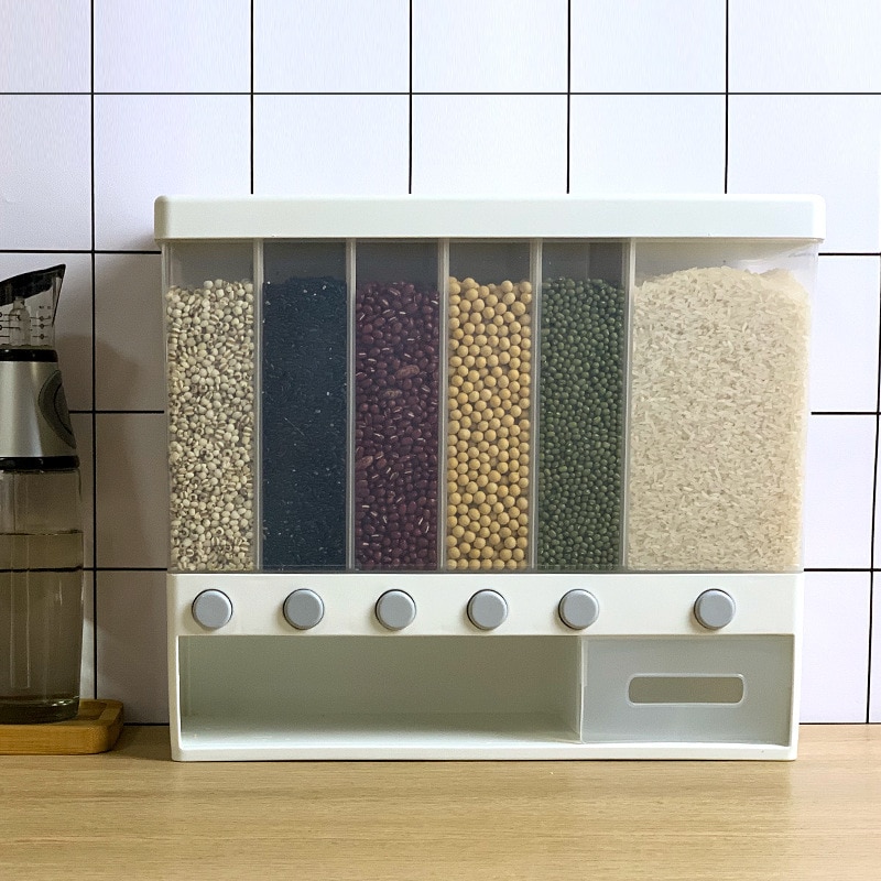WONDERLIFE – Distributeur mural pour riz et de céréales dans 6 compartiment, Supports automatiques en plastique étanches, boîte à rangement des aliments, esthétique, organisation, nourriture, transparent