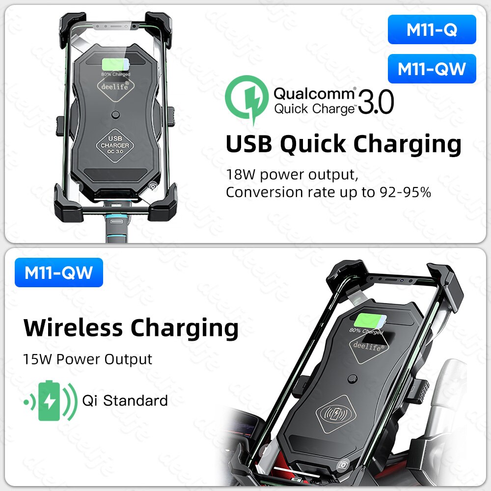 Deelife Mobile Phone Holder Motorcycle Wireless Charging with QC 3.0 USB Qi Charger GPS Navigation Mount Bracket