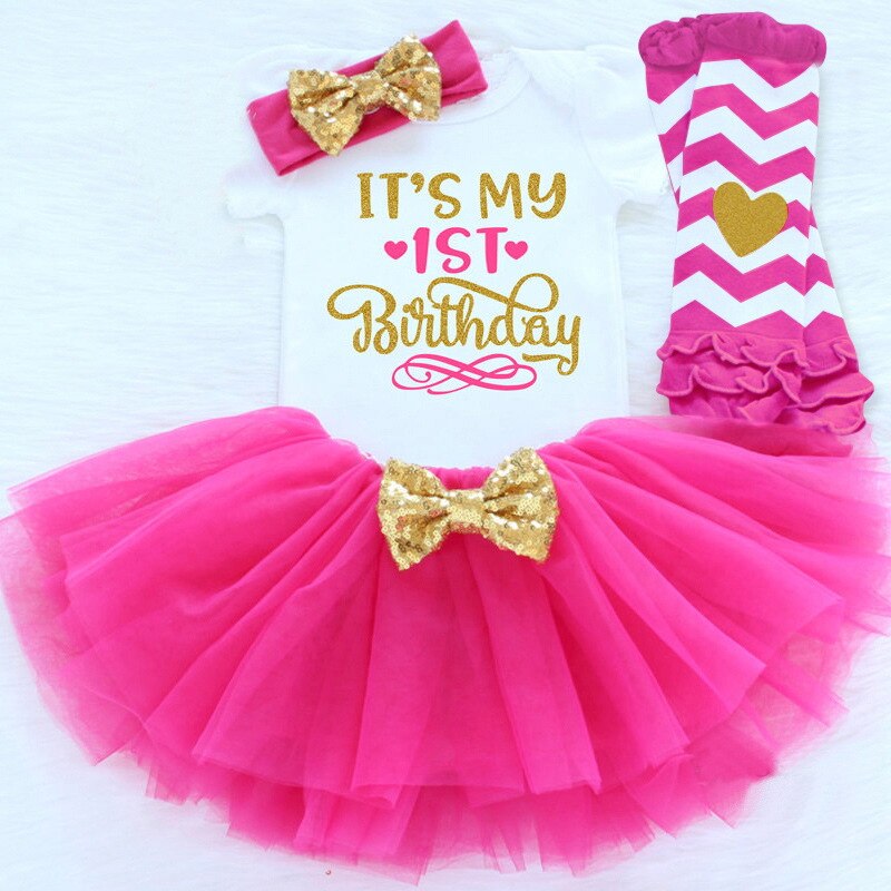 Baby kjole til piger 4 stk tøj pandebånd + romper toppe + mini kjole + strømper sød stil 1 års fødselsdag til småbørn