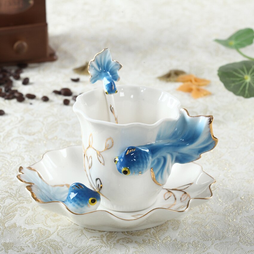 Emaille Porseleinen Kop &amp; Schotel Set Art Keramische Thee Koffie Cup Vis Porselein Thee Set Met Lepel Voor Ontbijt Thuis keuken: Deep Blue