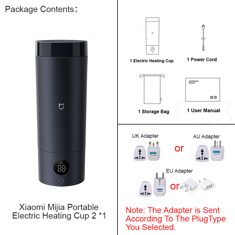 XIAOMI MIJIA Portable Electric Heating Cup 2 Upgraded Version,LED Screen，Electric Kettle,Chinese Version With Adapter: Blue / EU
