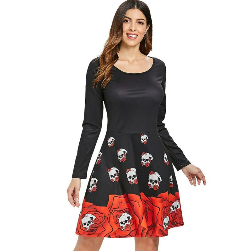 Volwassen Lente Herfst Halloween Dress Kostuum Voor Vrouwen Kerst Mode Schedel Rose 3D Print Lange Mouw Jurk Vrouwelijke Dames 2XL: 2XL