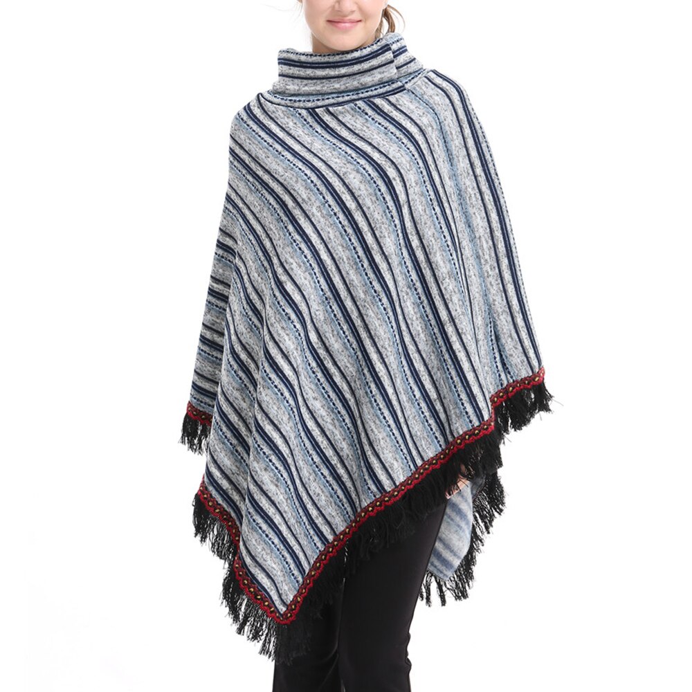 Vinter lang sektion høj krave jakke med frynser sjal løs jakke stribet tyk sweater efterår: Default Title