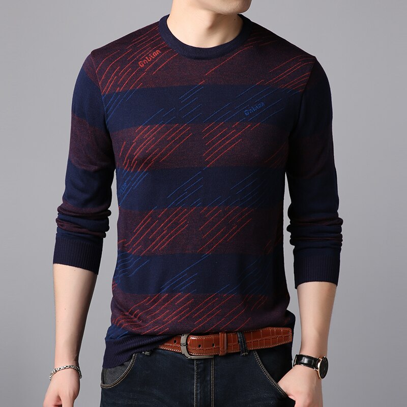 Märkeströja för herrtröjor o-ringad slim fit-tröjor stickade randiga koreansk stil fritidskläder för herr