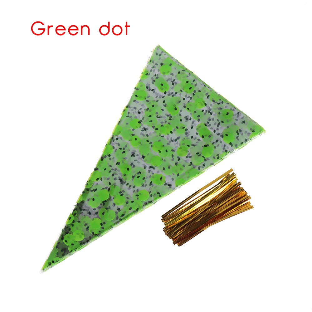 50PCS/pack Cone Bag Cellophane Package Twist Ties Clear Candy Popcorn Baking Wrapping Supplies Party Supplies: green dot