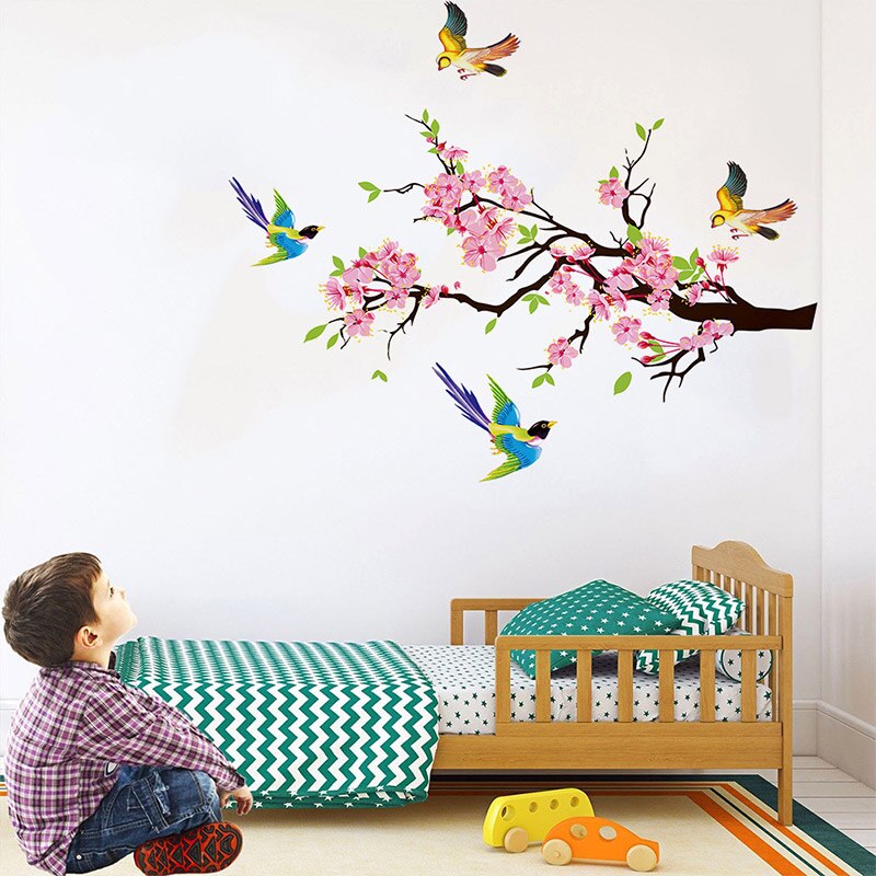 Cherry Flying Birds Wall Stickers Home Nursery Window Decor Removable Room Wallpaper For Kids Living Room Decals Decoration