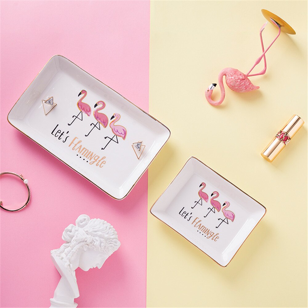 Plateau de rangement en céramique nordique Vogue flamant rose organisateur de bijoux cosmétiques plateaux cuisine Chic Dessert plat à fruits assiette de bureau