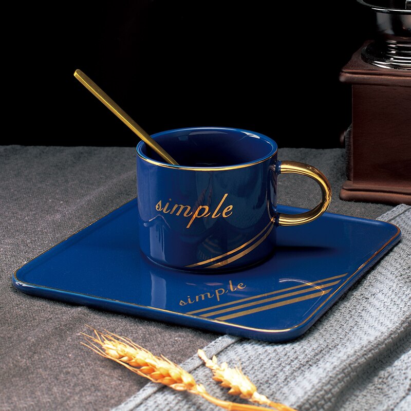 Gouden Rand Luxe Keramische Kantoor Koffie Kop En Schotel Set Melk Thee Mokken Verjaardag Koppels Vrienden Cup Met Lepel geschenkdoos: Bright Blue