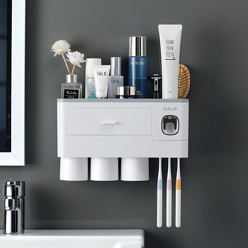 Toothbrush Holder Automatic Toothpaste Dispenser With Cup Wall Mount Toiletries Storage Rack Bathroom Accessories Set: 3 cups Gray