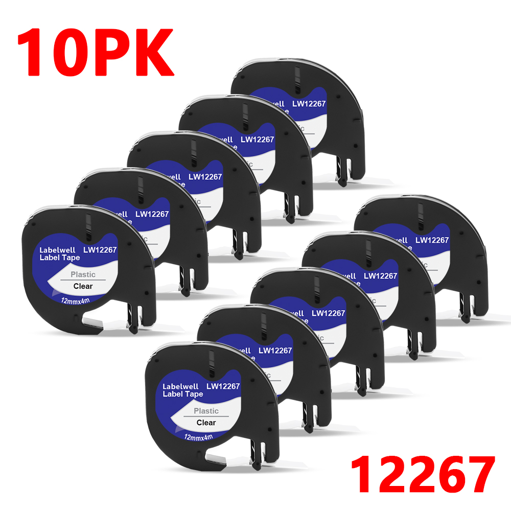 Labelwell 7PK 91202 91222 91332 plastikowa etykieta dla Dymo LT 12mm taśmy LT 91201 91200 91203 91204 12267 dla Dymo LetraTag LT-100H: 10PK 12267 Clear