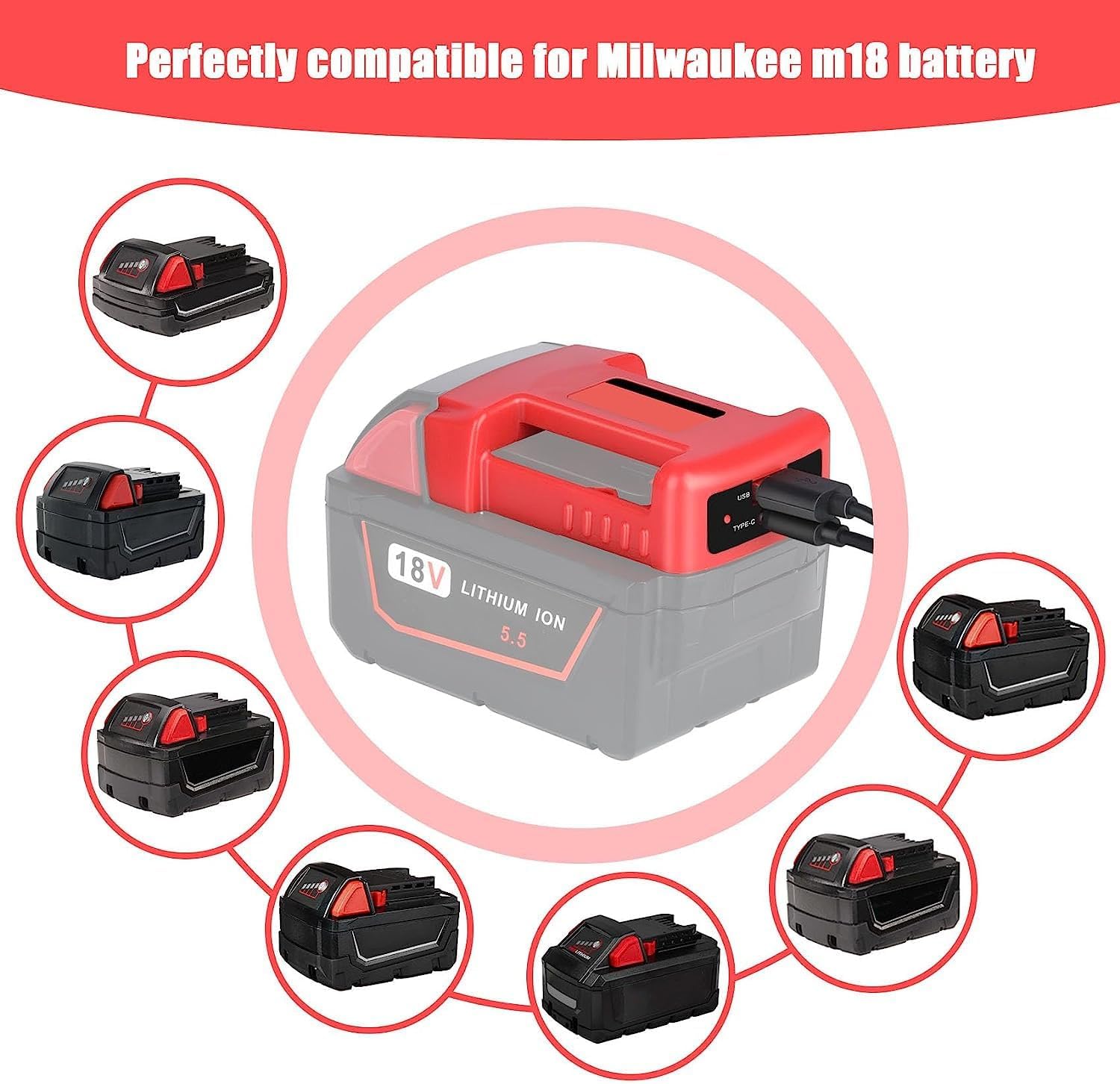 Usb-laderadapter kompatibel med milwaukee 18v- batteri med dobbel utgangsport og usb- og type-c-ladegrensesnitt (kun adapter)