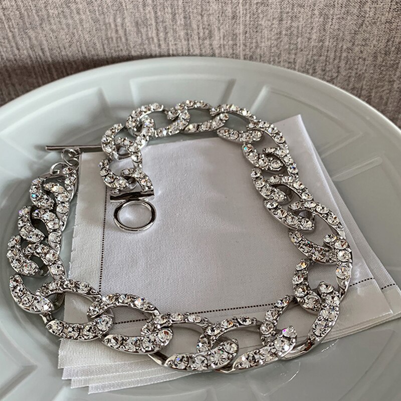 Peri'caja Color plata brillante gruesa cubana cadena collares Rhinestone gargantilla collares para las mujeres de palanca de cierre collar de declaración