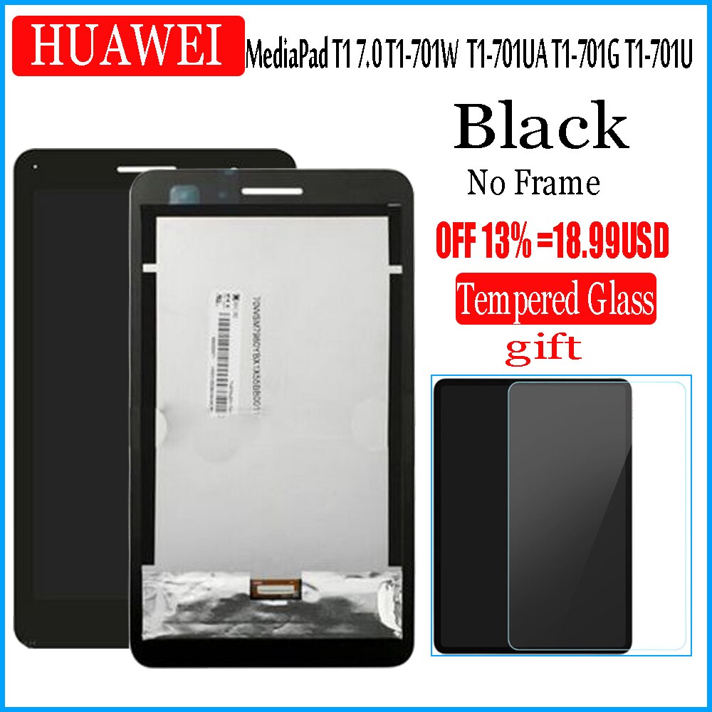7 inch LCD Display and Touch Screen frame For HUAWEI MediaPad T1 7.0 3G T1-702U 702 702U 702U T1-702 tablet Digitizer Assembly: black No Frame
