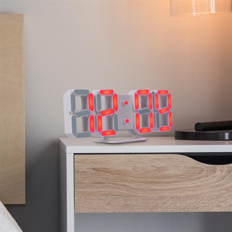 3D LED Digital Clock Wall Desk Alarm Clock USB Charging Clock for Home Office (White, Red Numbers)