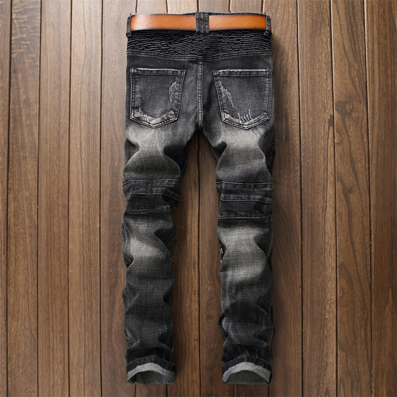 Aboorun calças jeans masculinas punk rebite rasgadas, jeans motoqueiro com letras impressas para homens r2788