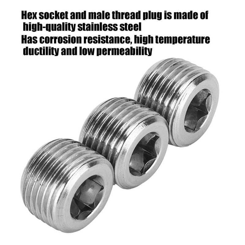 3pcs 1/2in NPT Pipe Plug Male Thread Fitting Internal Hex Thread Connector Car Accessories Stainless Steel