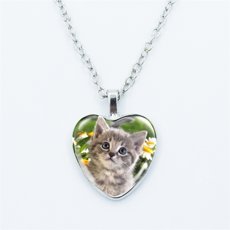 Collar con colgante de corazón de gato para mujer, joyería de cadena fina con cara de gema de cristal y Metal a la , accesorios de para niños: Color acero