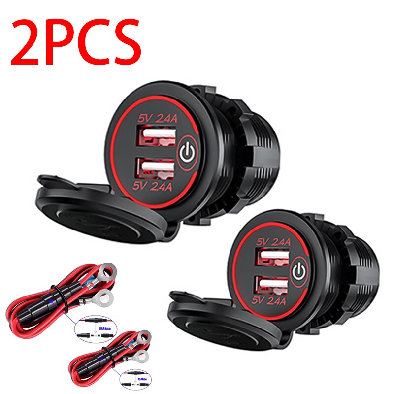 5V/2.4A Dual Usb Socket Car Charger Met Touch Schakelaar Waterdicht Stofdicht Cap 12V/24V auto Adapter Voor Iphone Xiaomi Huawei: 5V 2.4A Red 2pcs