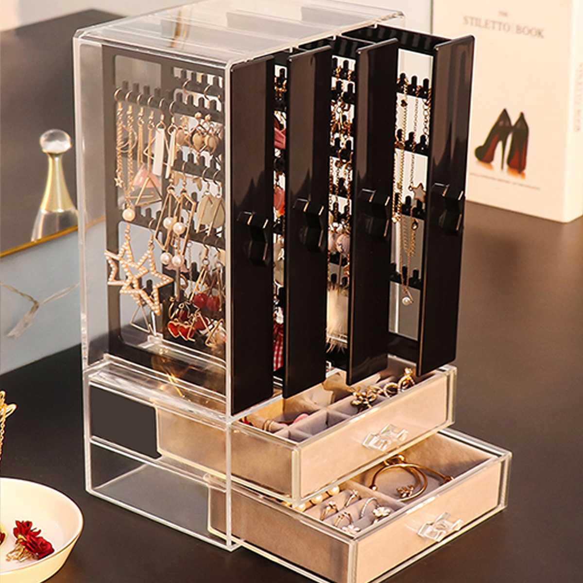 3/4 Trays Transparent Acrylic Luxury Jewelry Display Box Layers Drawers Dustproof Acrylic Ear Clip Ear Nail Earrings Storage Box: C2