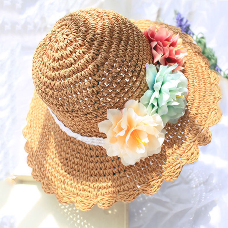 Summer KTFGS Floral Straw Hats Fedora Hat Children Visor Beach Sun Hat Wide Brim Floppy Beach Sun Visor Hat with Flowers, Khaki