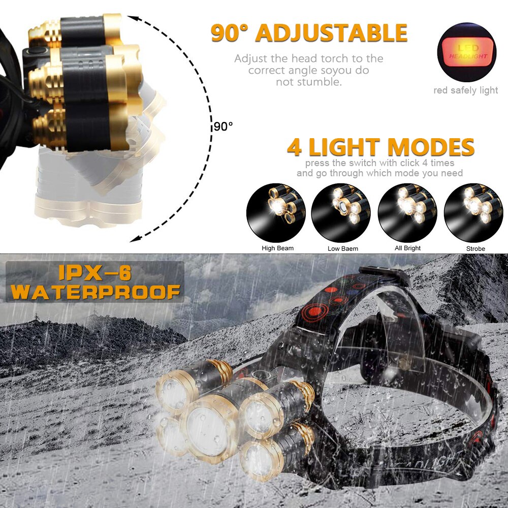 8000 Lumens 5 Led Headlamp XML T6 Head Lamp Powerful Led Headlight, with 18650 battery Flashlight Head Lights for Hiking