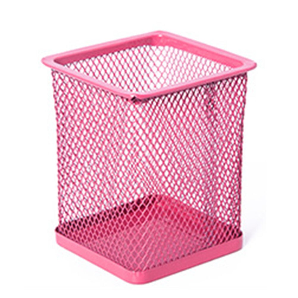 Mesh Metal Makeup Brushes Holder Pen Pencil Brush Pot Holder Storage Container Office Desk Organizer Cosmetic Pen Box: Rose Red  Square