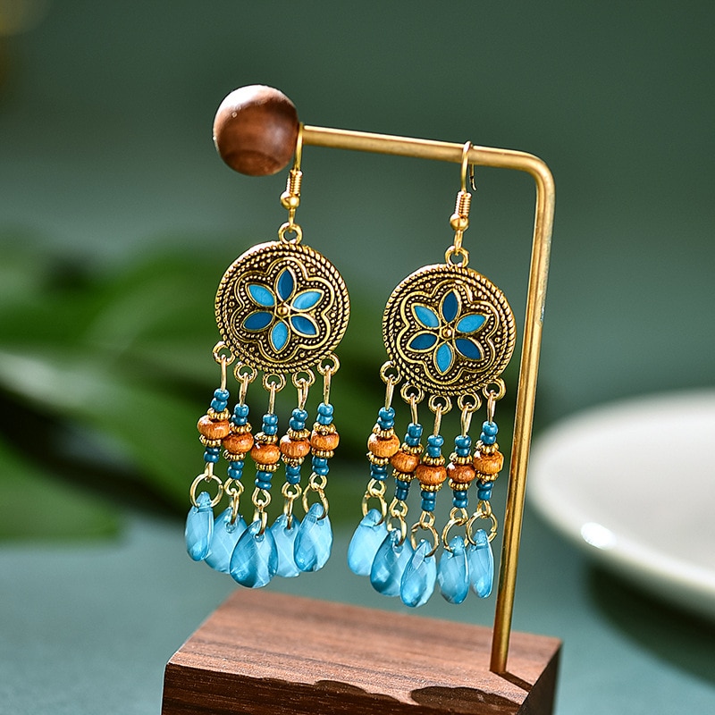 Etnische Retro Bloem Boho Sieraden Turkse Jhumka Oorbellen Vrouwen Vintage Turkije Hout Kralen Kwastje Oorbellen Bijoux