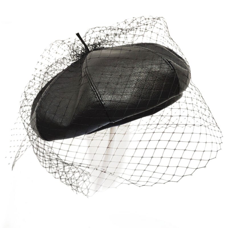 Fascinerende Zwarte Hoed Chic Leer Franse Baret Met Sluier Mesh Show Double Layer Vrouwen Baret Mutsen Cap