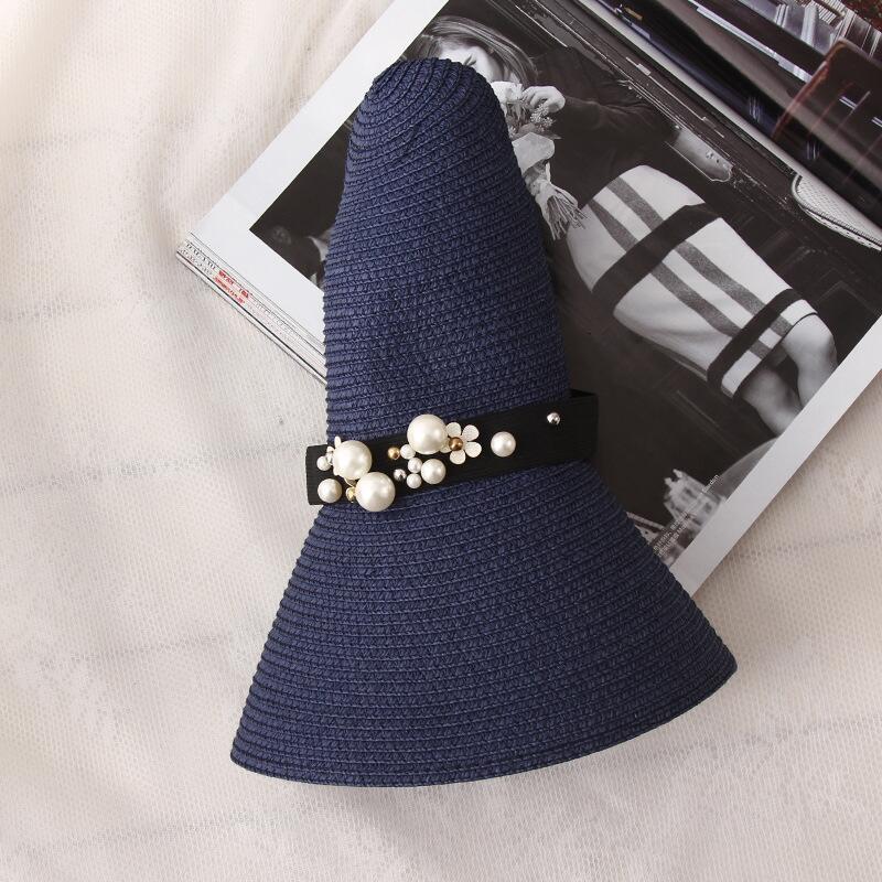 summer straw hat women big wide brim beach hat sun hat foldable sun block UV protection pearl panama hat bone chapeu feminino