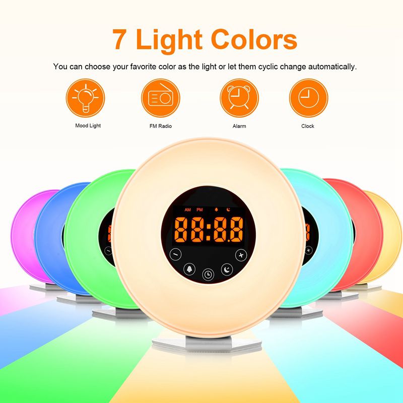 Sunrise Alarm Clock Wake Up Light Digital Clock with 6 Natural Sounds, FM Radio, 7 Color Night Light, Easy Touch Control