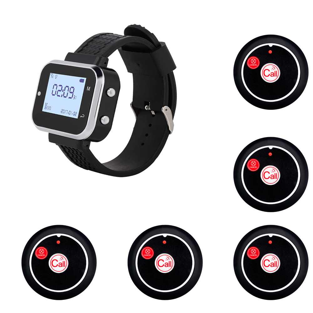 Fast 5 Call Button 1 Wrist Watch Pager Restaurant Wireless Calling System Transmitter Paging Cafe Waiter Service Buzzer: Gold