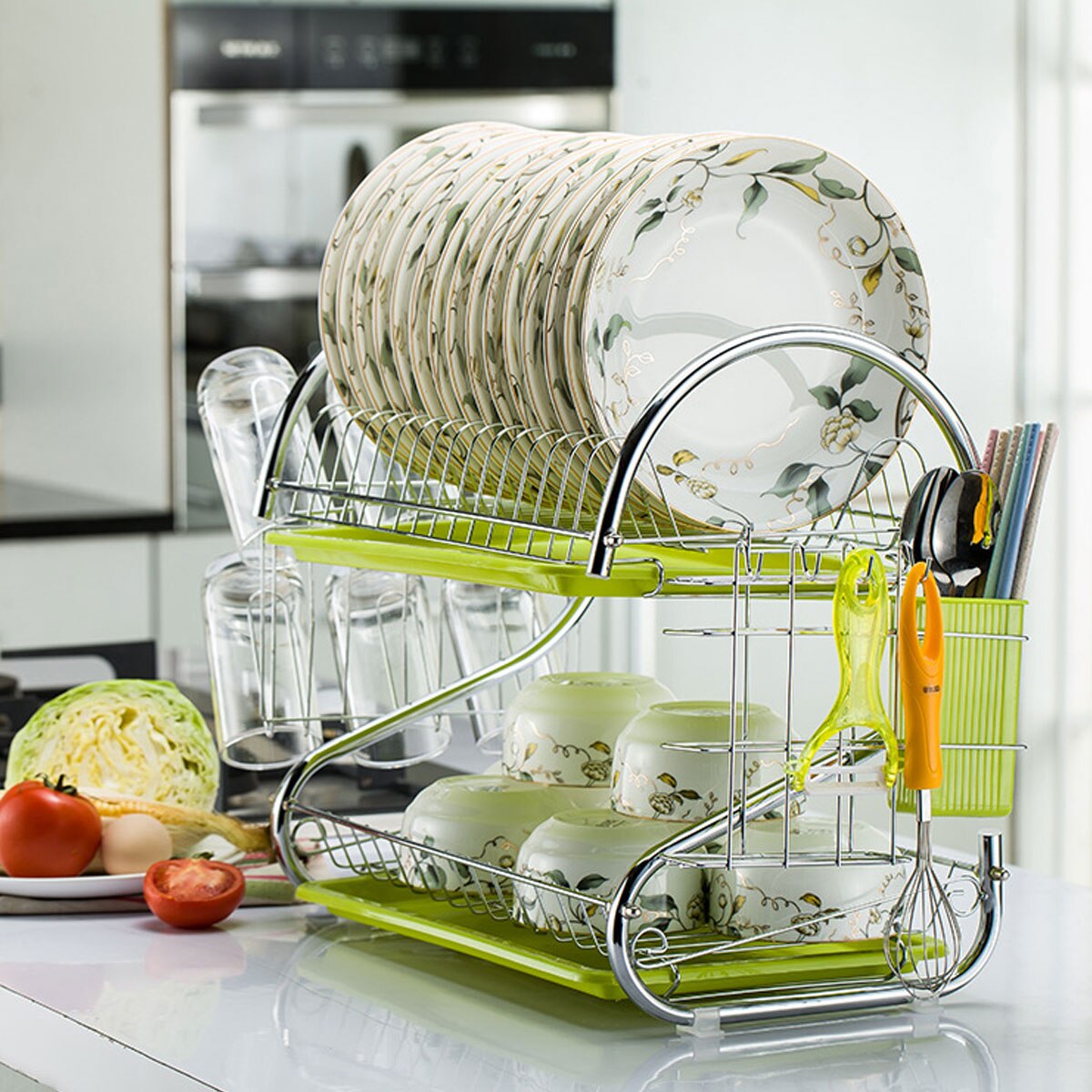 Estante de secado de platos de 2/3 niveles, cesta de hierro chapado, soporte para lavado del hogar, escurridor de platos para fregadero de cocina, estante organizador: B 2 Tier