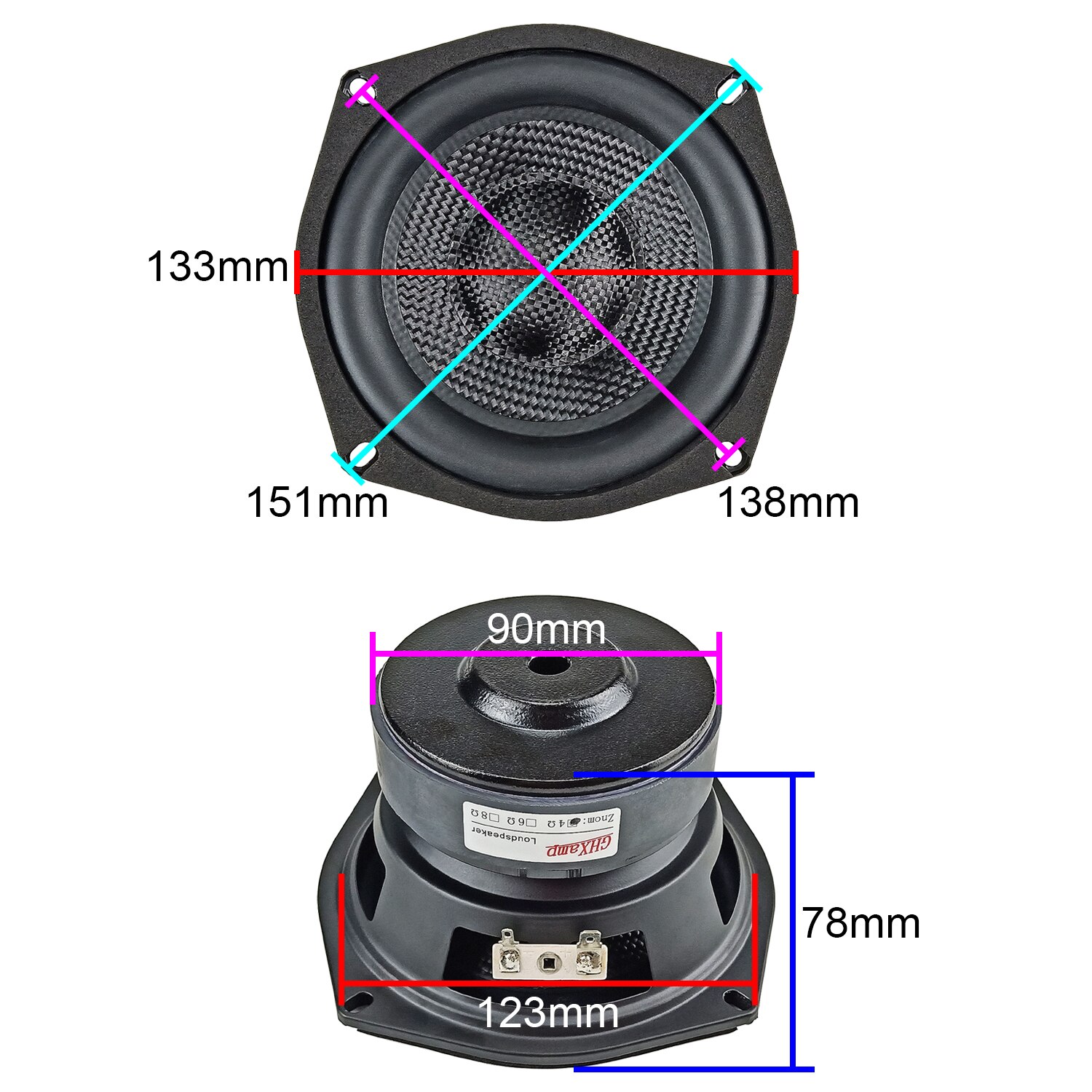 1pc GHXAMP 5.25 Inch 133mm Square Fiberglass Subwoofer Speaker Home Theater PC Car Audio Upgrade High-power HIFI Sound 4OHM