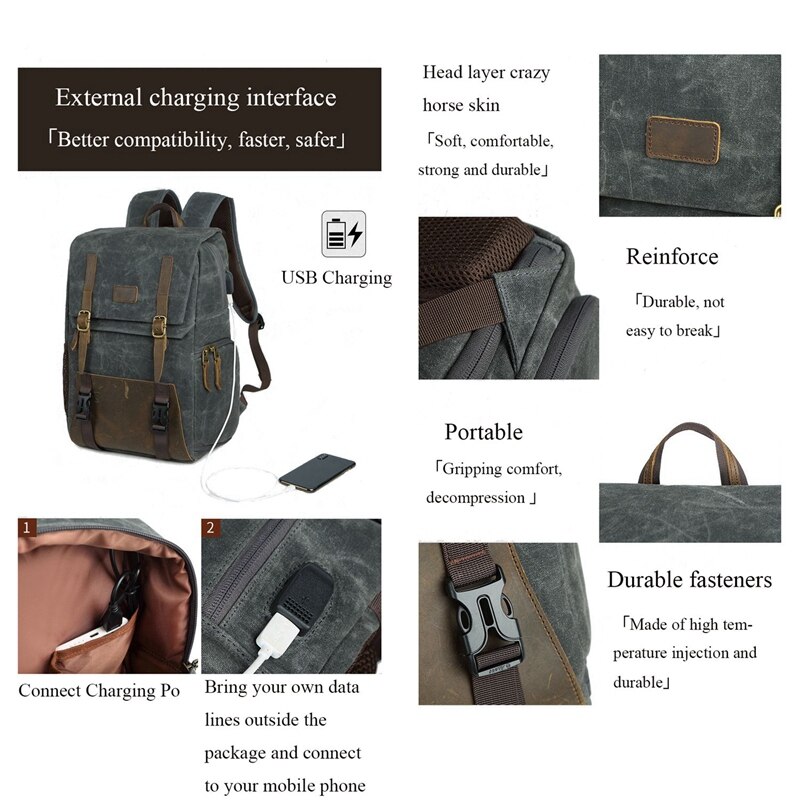 Vanntett lerret digital slr-kamera-ryggsekk 15.6- tommers usb-frakt til kameralinser og bærbare datamaskiner (grå)