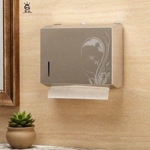 Caja metálica de pañuelos de papel, dispensador de toallas de papel, oro, baño público, pared doble de acero inoxidable, montada en la pared, sin perforación, FH020: Style 5