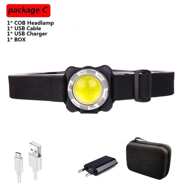 Brightest Headlamp USB Headlight COB LED Head Lamp Rechargeable Head Light Waterproof with Built-in Battery White Red Lighting: Package   C / Black