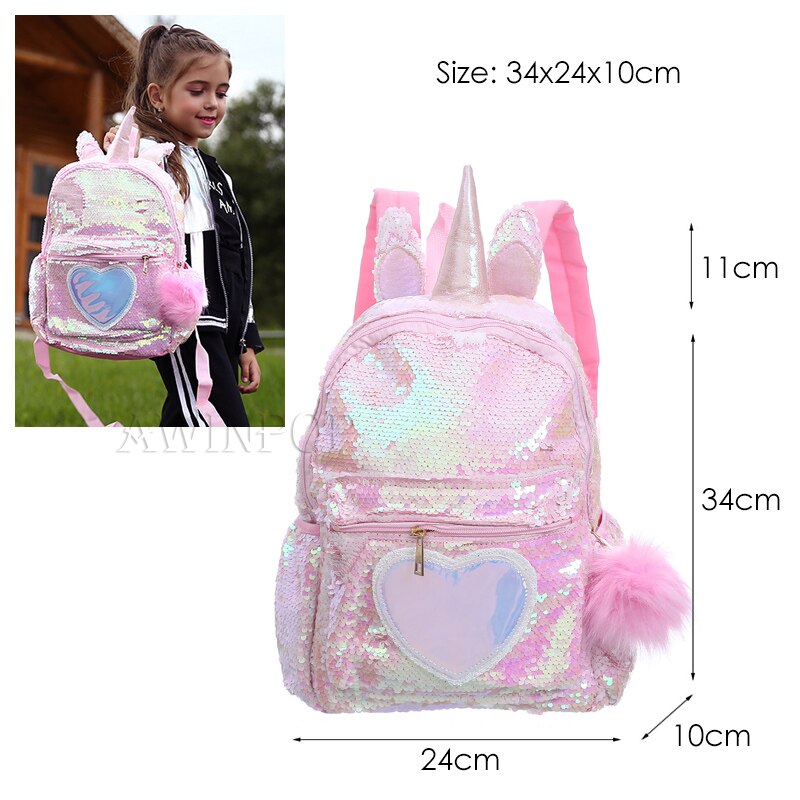 Mermaid Sequin Backpack for Girls Children Large 3D Cartoon Unicorn School Bag Teenager Hologram Heart Love Backpack: 13