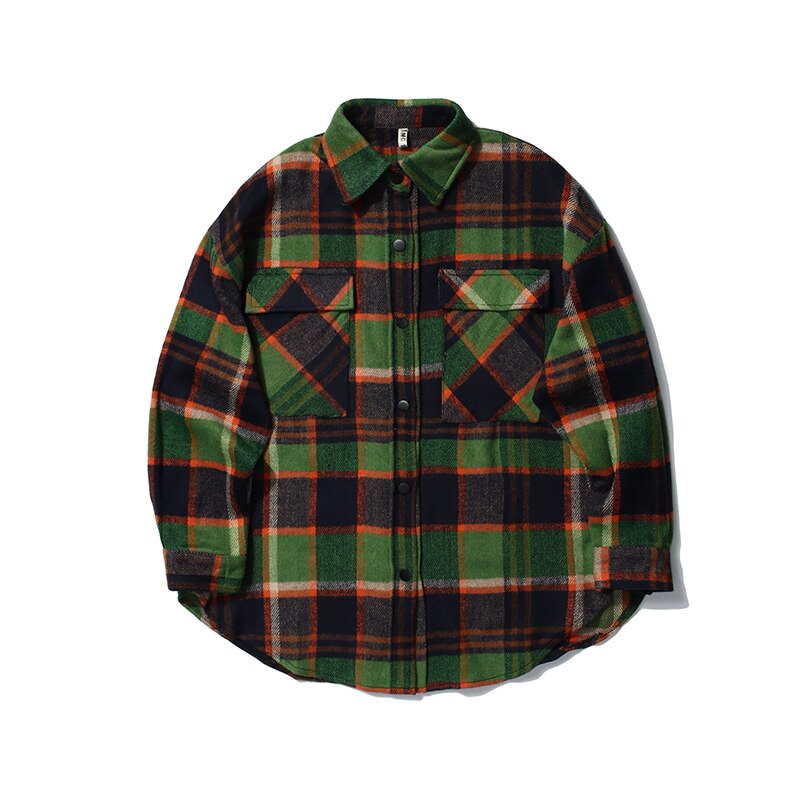 Mens Geborsteld Flanel Plaid Jas Shirts Hip Hop Wollen Oversized Gestreepte Lattice Jassen Uitloper Vrouwen Thicking Herfst Winter: green / L