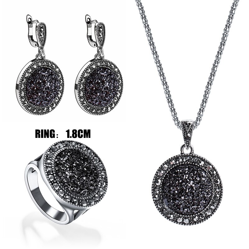 MISANANRYNE Vintage Schwarz Edelstein Schmuck Set Frauen Schmuck Set Antike Silber Kristall Runden Stein Anhänger Halskette Sets: S07168