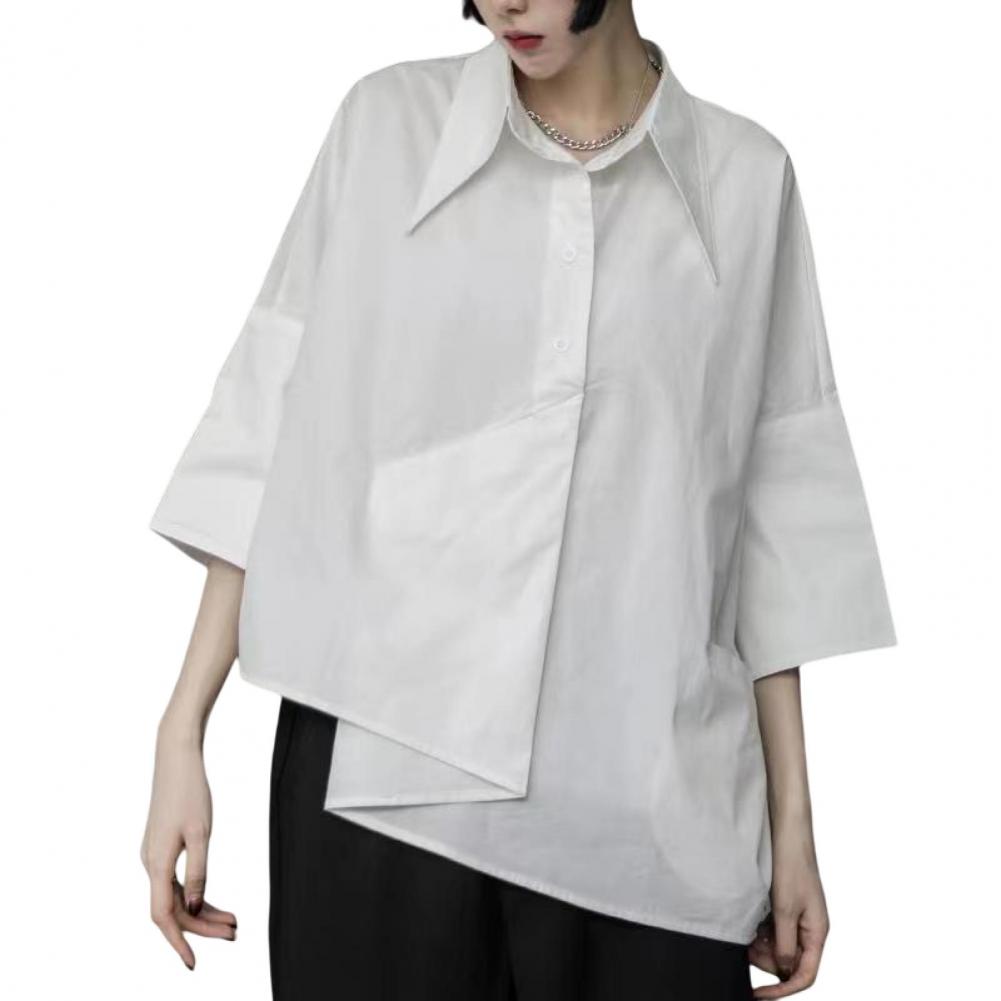 Y2l svarta skjortor med oregelbunden fåll vita skjortor dam herr skjortficka enkelknäppt shortsärm överdimensionerad skjorta hiphopskjorta: L / Vit