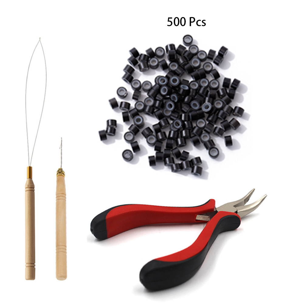 Kit de ferramentas para extensões de cabelo, 500 peças, preto, marrom escuro, marrom claro, dourado, micro anel, contas, 1 micro contas, alicate, 1 gancho, agulha puxando: Laranja