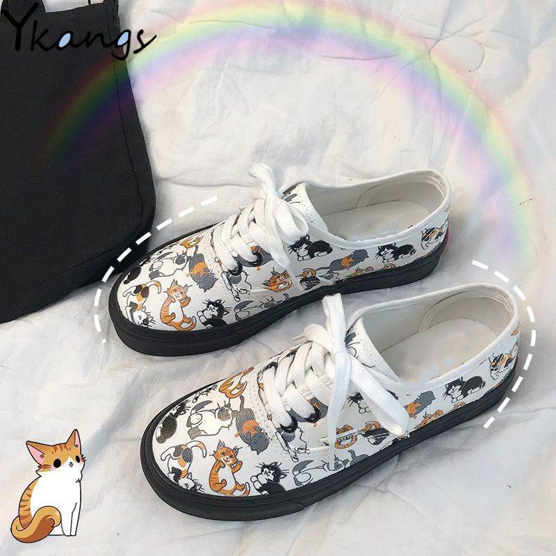 Schattig kattenpatroon dames casual espadrilles cartoon graffiti meisjes student sneakers dames zachte canvas jeugd schoenen plimsolls