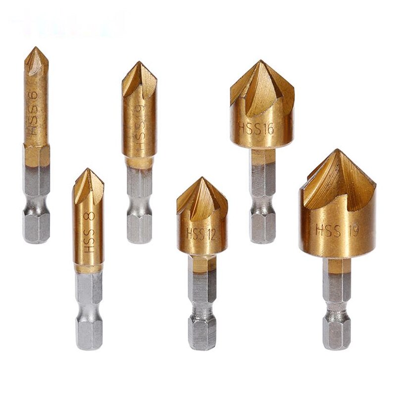 6 stücke Senker Bohrer einstellen 1/4&#39;&#39; verhexen Schaft HSS 5 Flöte Senker 90 Grad Holz Anfasen Cutter Fase 6mm-19mm