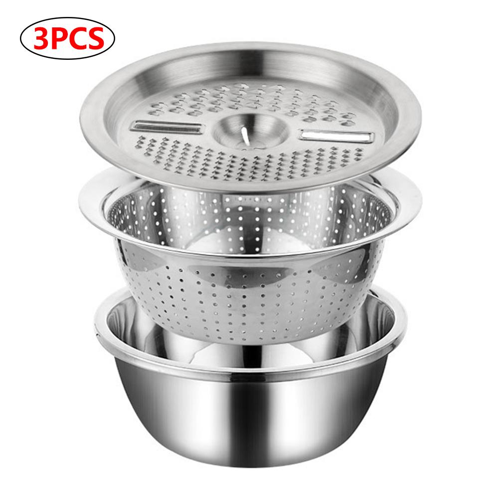 3 Pcs Set Stainless Steel Soup Pot Vegetable Slicer Drain Basket Cheese Grater Rice Washing Filter Kitchen Tool Strainer Basin: 3pcs